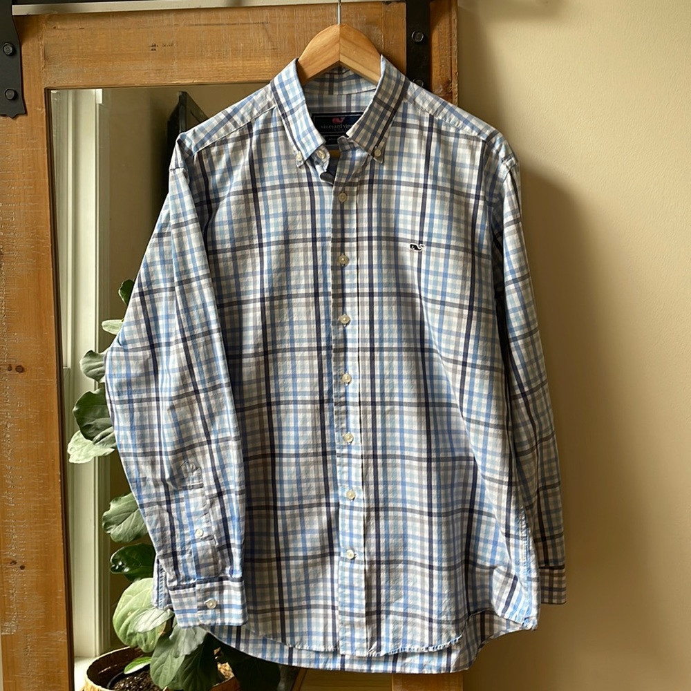 Vineyard Vines Blue Plaid Whale Shirt Size M
